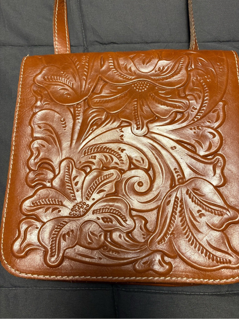 Patricia Nash Embossed Floral Leather Crossbody Bag in Cognac